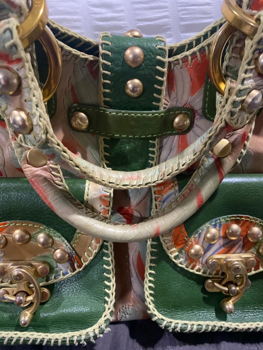 Isabella Fiore Floral Leather Whipstitch Satchel Bag Y2K